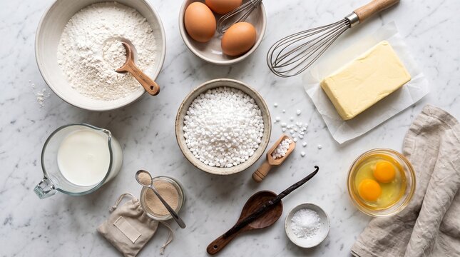 Baking ingredients flat lay with flour, eggs, sugar, and butter on a white background.