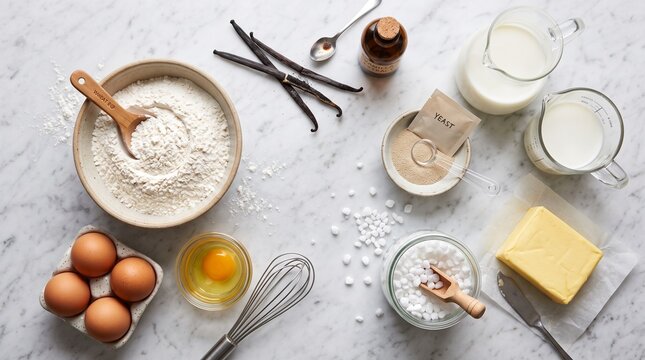 Baking Ingredients Flat Lay with Flour Eggs Milk Butter and Vanilla Pods.