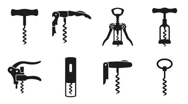 Set of black wine corkscrew icons representing various manual bottle opener tools on white background