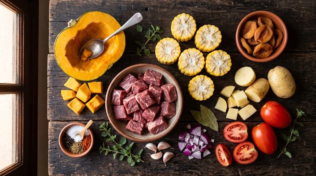 Overhead view of various fresh ingredients for a hearty stew on a rustic wooden table.