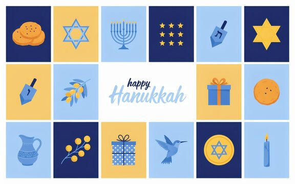 Hanukkah celebration greeting card with menorah and dreidel icons for holiday projects