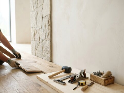 Professional carpenter installing light oak hardwood flooring in a modern home interior with traditional hand tools like a plane, mallet, and square displayed in the foreground.