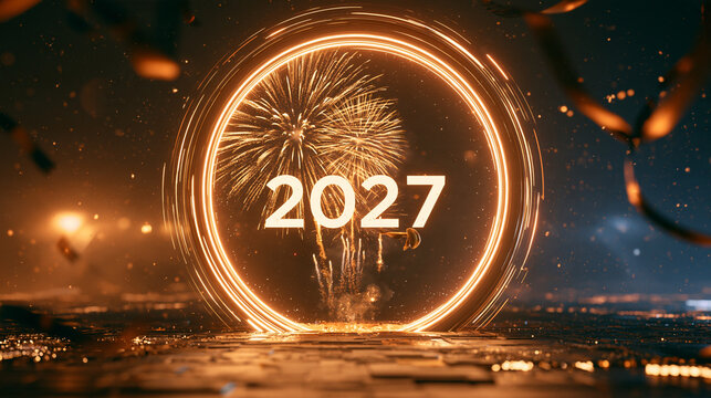 Glowing golden 2027 numbers framed inside a luminous circular portal with sparkling fireworks and festive confetti.   