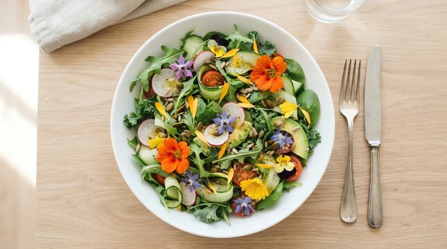 Vegetable salad with edible flowers on wooden table