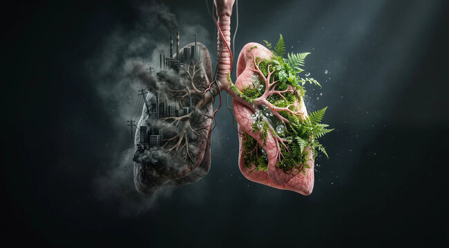 Conceptual illustration of human lungs split between smoke pollution and healthy green nature with environmental