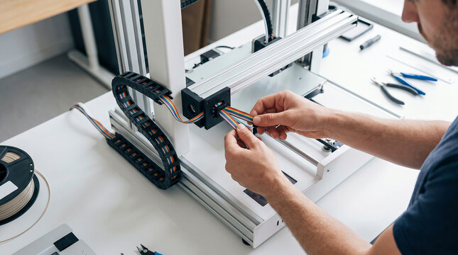 Person assembling 3D printer, carefully connecting multicolored cables on workshop desk, engineering and manufacturing technology concept.
