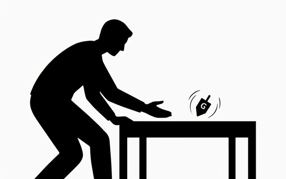 Dreidel spinning game vector illustration. Man playing Hanukkah tradition with spinning top