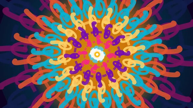 Vibrant abstract mandala pattern with colorful looping shapes in bright orange, blue, and purple tones for creative art