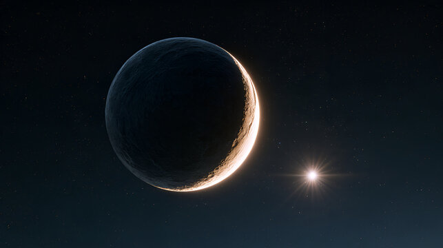 Crescent Moon Glowing Softly Beside A Bright Evening Star, Soft Window Light, Telephoto Compression, Tight Framing, High-Contrast Tones, Photorealistic, Ultra-Detailed