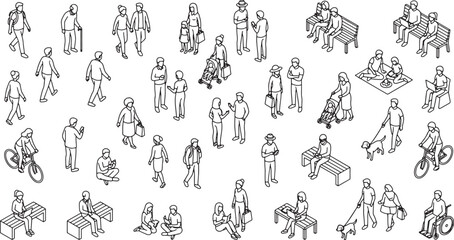 Obraz premium Diverse isometric line art people, daily urban activities vector set.