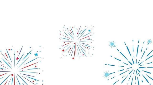 Abstract motion graphic animation of colorful fireworks display bursting and exploding against white background celebratory footage.