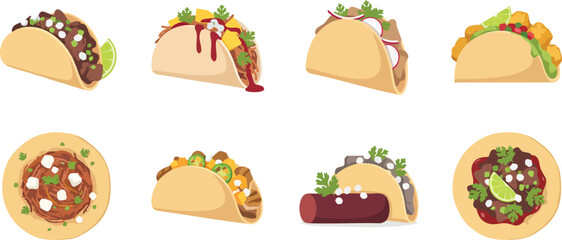 Fototapeta premium Variety of tacos a colorful vector illustration on a white background
