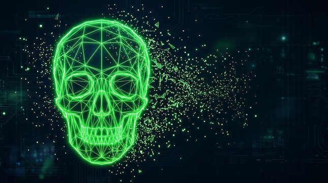 Abstract digital artwork of a human skull formed by glowing green low poly wireframes and dispersed digital particles on a solid dark technology background.