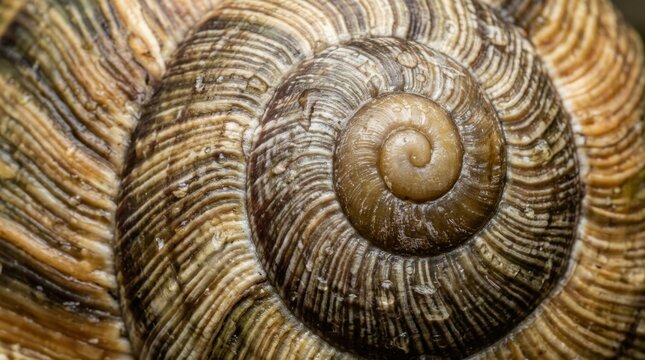 Extreme macro close up of a textured brown snail shell spiral pattern