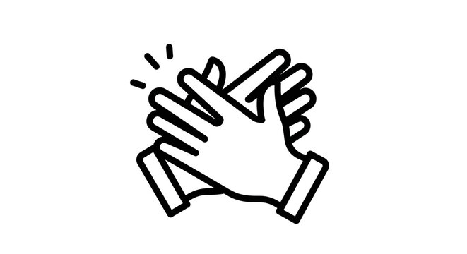 Black and white line art icon of clapping hands isolated on a transparent background