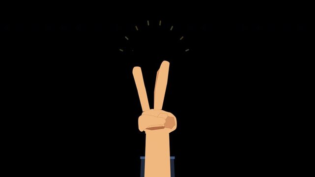Peace sign gesture, two fingers up, hand showing victory symbol with golden sparkles on black background, celebration, success