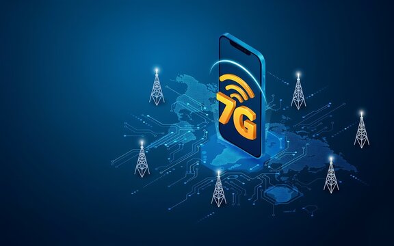 Futuristic 7g network technology concept with digital communication towers and wireless connectivity data streams for 2027