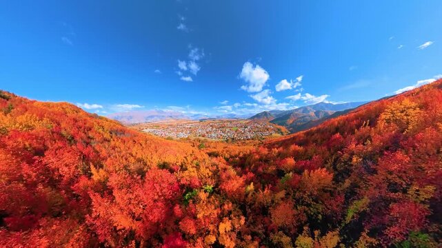 Aerial view of New Zealand, the mountains covered in red leaves and Arrowtown at the foot of the hills