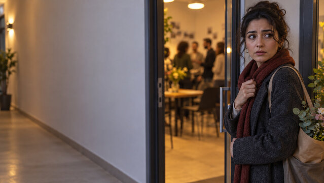 Anxious woman at doorway of social gathering, feeling hesitant