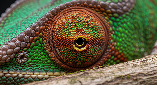 Extreme close up of a colorful chameleon eye with detailed skin texture and vibrant green scales