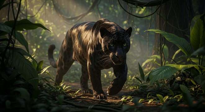 Black panther walking through a dense tropical jungle with soft sunlight filtering through the trees