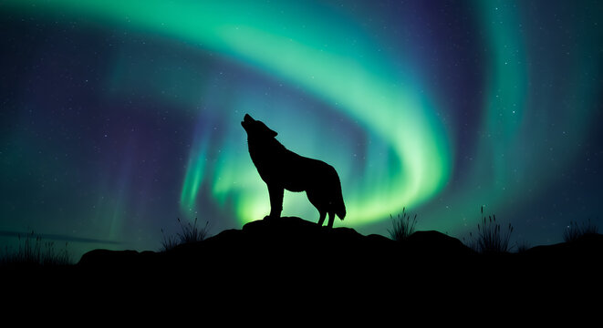 Silhouette of a wolf howling at the moon under a vibrant green aurora borealis night sky