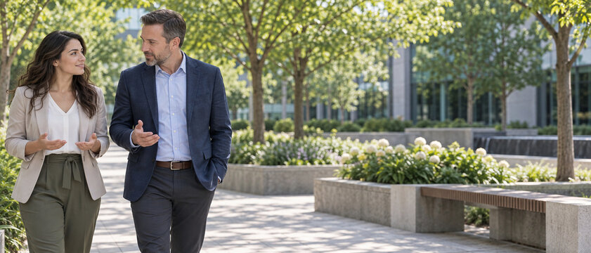 Middle-aged man and woman in business attire walking and talking outdoors