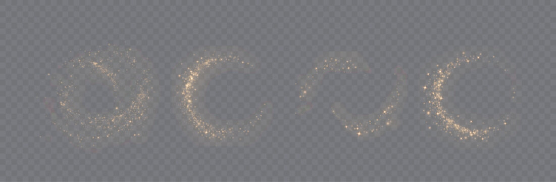 Golden glitter swirl trails set on transparent background. Sparkling gold stardust circles and magic light rings. Festive decorative motion effects