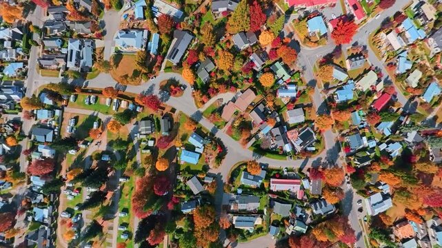 Aerial shots of New Zealand, the colorful Arrowtown houses in autumn