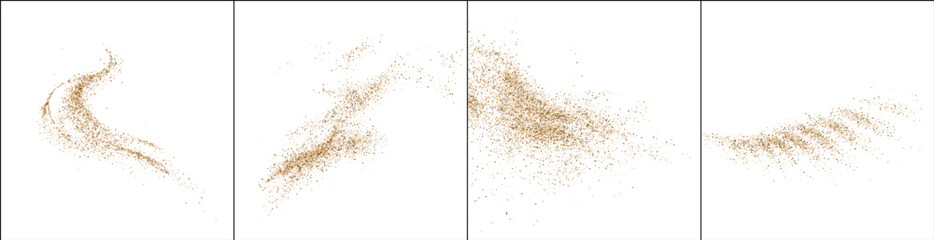 Obraz premium Set of four panels showing gold glitter dust swirling in motion. Abstract dynamic particle dispersion texture isolated on white background. Luxury design element with copy space