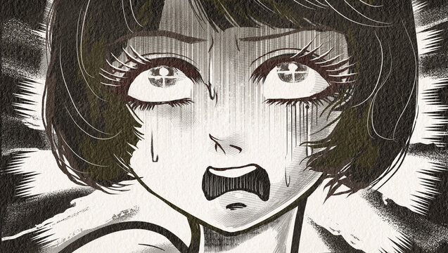 戦慄し絶叫する昭和レトロなホラー漫画風の黒髪白目の女性主人公	