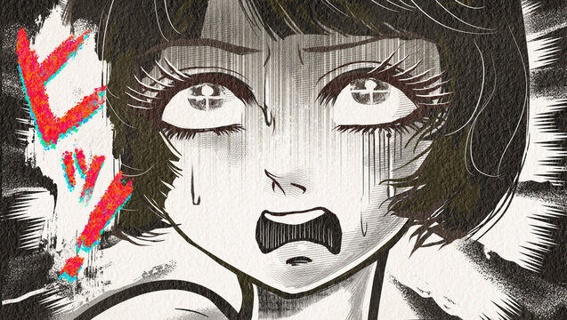 戦慄し絶叫する昭和レトロなホラー漫画風の黒髪白目の女性主人公	