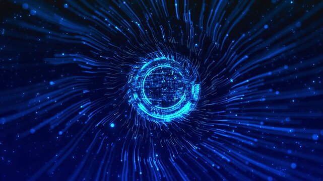Central glowing technology sends luminous streams digital environment. artificial intelligence, computing, data transmission, automation, cloud infrastructure, global networks, quantum high speed