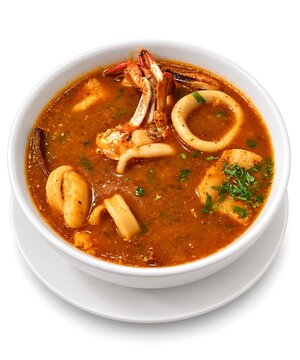 Peruvian parihuela seafood soup with squid and rich red broth