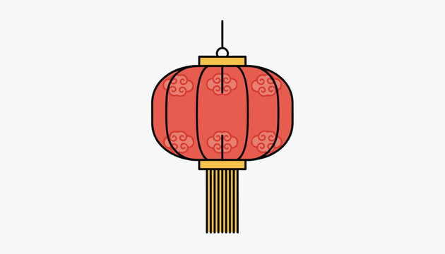 Traditional red Chinese paper lantern with golden cloud patterns and long golden hanging tassels on light grey background.