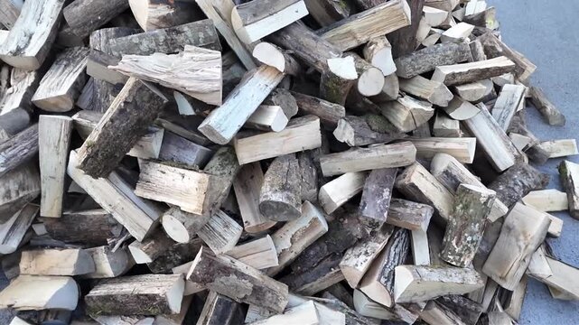 A substantial collection of split timber pieces arranged in a heap on asphalt, ready for use as fuel in a fireplace or wood burning stove heater.