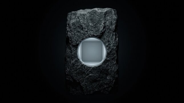 Textured dark stone slab with a central circular opening against black background