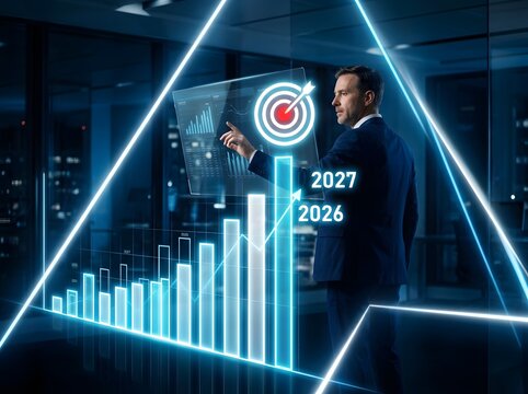 A professional businessman interacting with a digital holographic bar chart showing future growth projections and a target icon in a modern office
