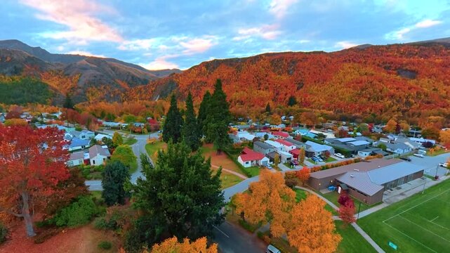 Aerial shots of New Zealand, Arrowtown in autumn at dusk