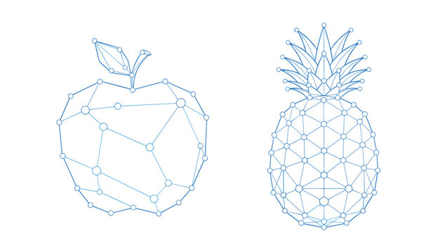 Low poly geometric line art illustrations of an apple and a pineapple forming cosmic constellation shapes on a white background.