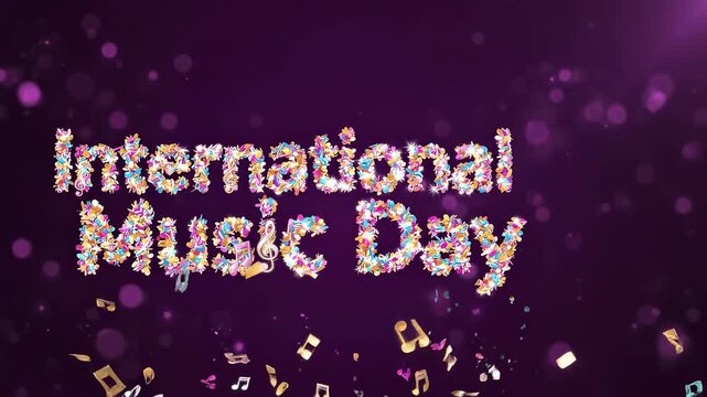 Vibrant 'International Music Day' text composed of colorful musical notes on a festive purple background with bokeh and falling symbols, celebrating global music.