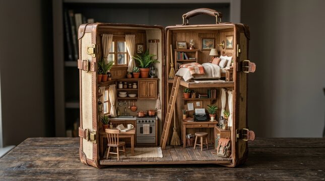 Miniature house interior built inside a vintage open suitcase on a table