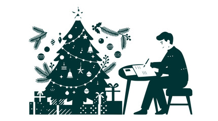 Man writing holiday greeting cards near a decorated christmas tree © Hafis