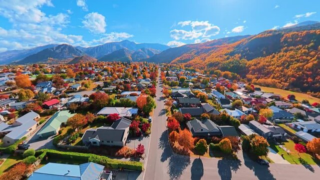 Aerial shots of New Zealand, the colorful Arrowtown houses in autumn