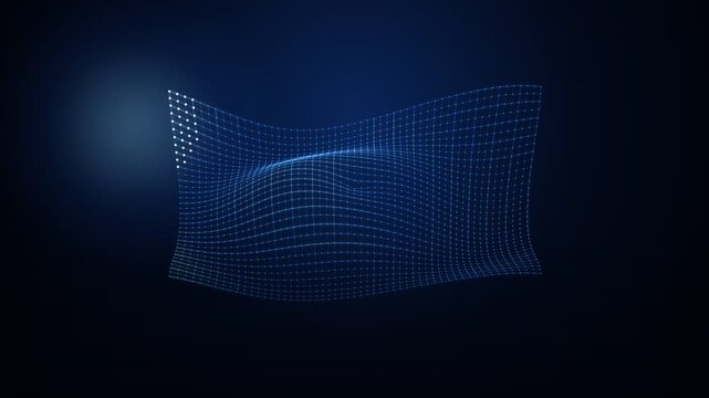 Futuristic abstract digital wave with glowing dots and wireframe mesh structure on dark blue background