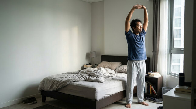 Southeast asian man stretching arms after waking up in his bedroom with natural morning light