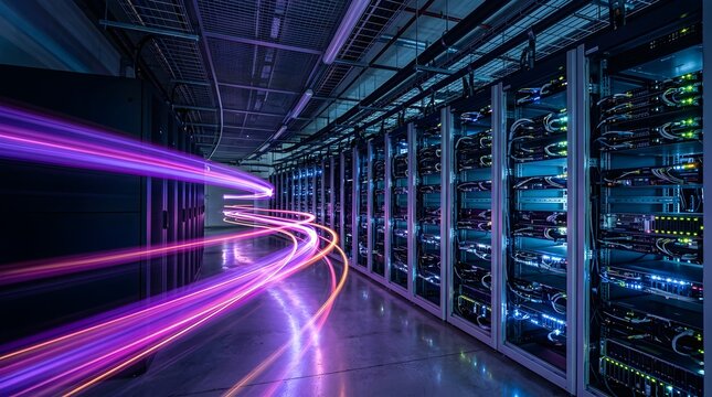 Server cabinets in a tech data center with curving purple light trails symbolizing high speed network data traffic