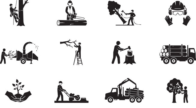 Lumberjack and forestry work black silhouette icon set.