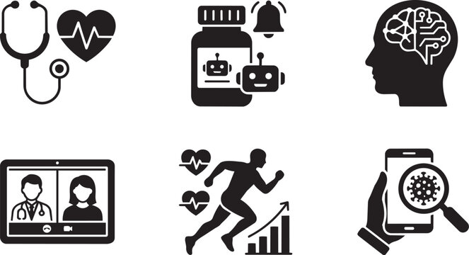 Medical and healthcare technology icons featuring digital consultation biotech and healthy lifestyle symbols for wellness applications and clinical reports.