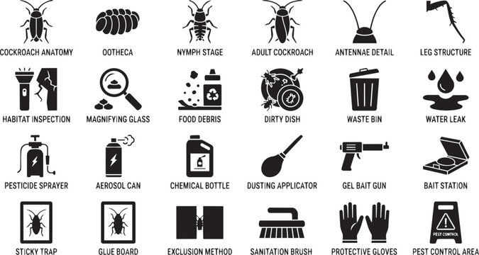 Pest control service and cockroach management icons for professional extermination and sanitation companies.